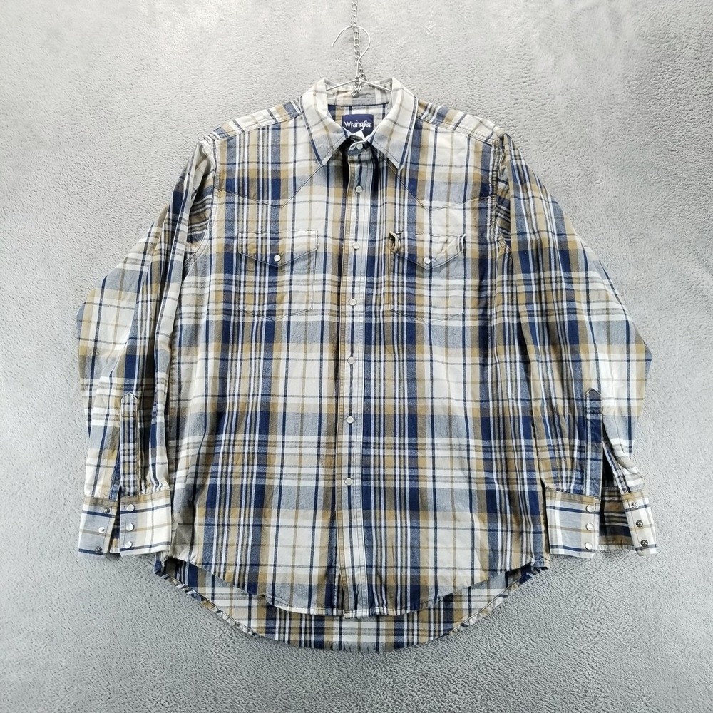 Wrangler Shirt Mens Medium Blue Tan Plaid Western Pearl Snap Long Sleeve Cowboy